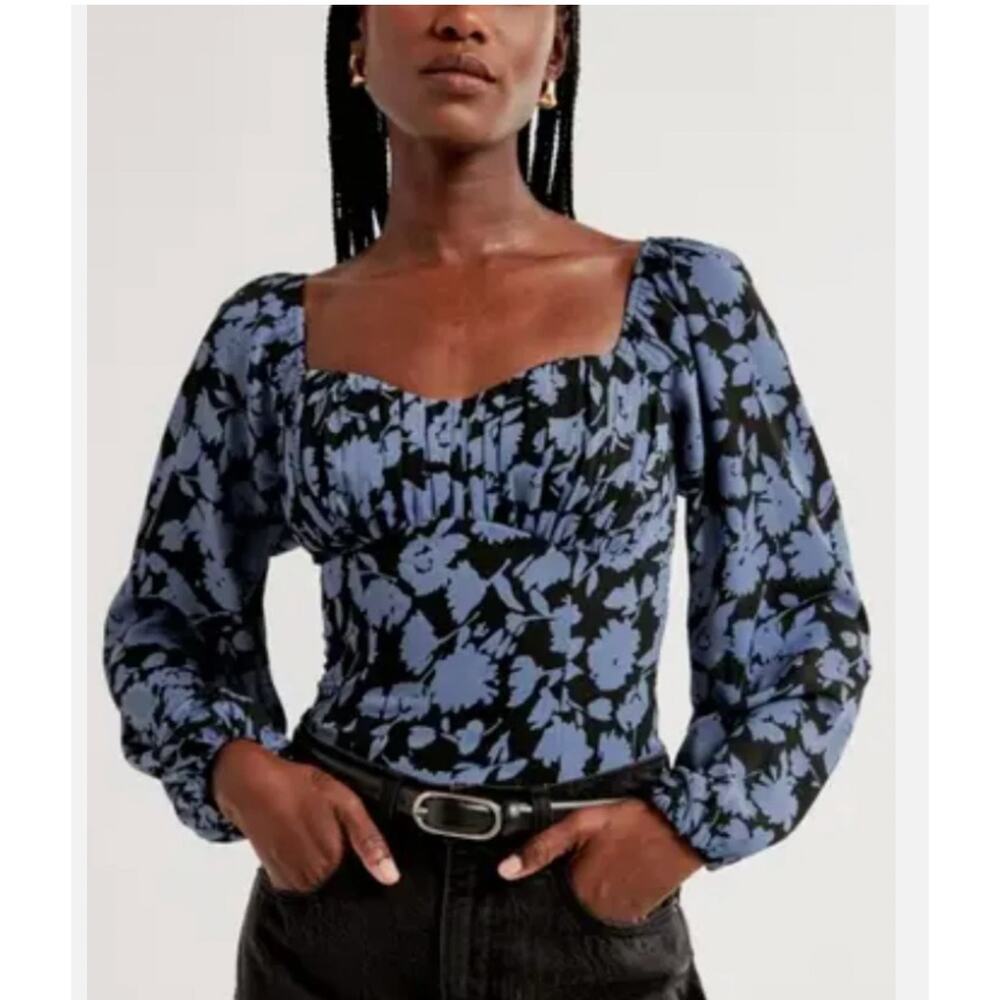 Abercrombie & Fitch Blue Black Floral Peasant Blouse Long Sleeve sz XL